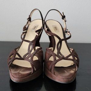 Prada Dark Brown Suede Wedge Sandals Size 37